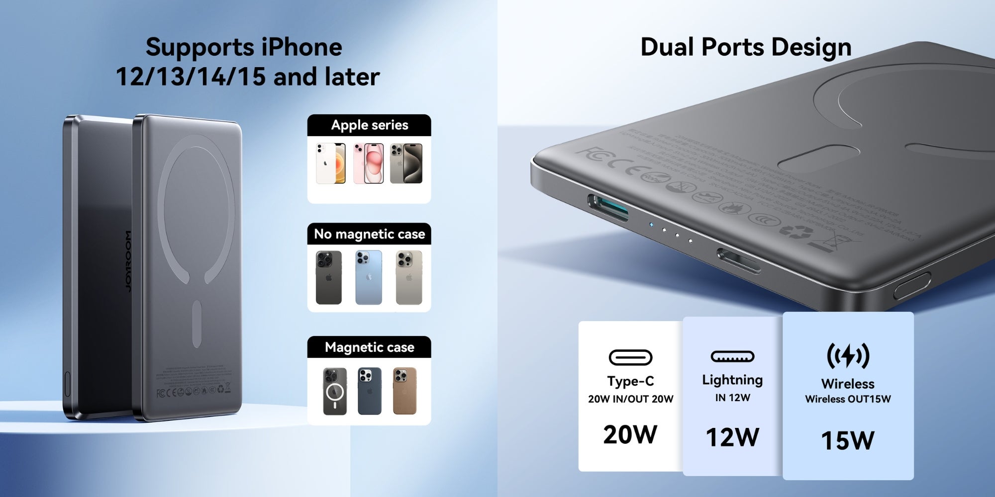 5000 mAh 20W Ultra-thin(0.9cm) Metal Magnetic Wireless TYPE-C input/output Lighnting input/output Power Bank Fast Charging Magnetic Power Bank Wireless Magnet Powerbank Including a Type-C to Type-C 60W  0.25m  Black Cable Space Grey