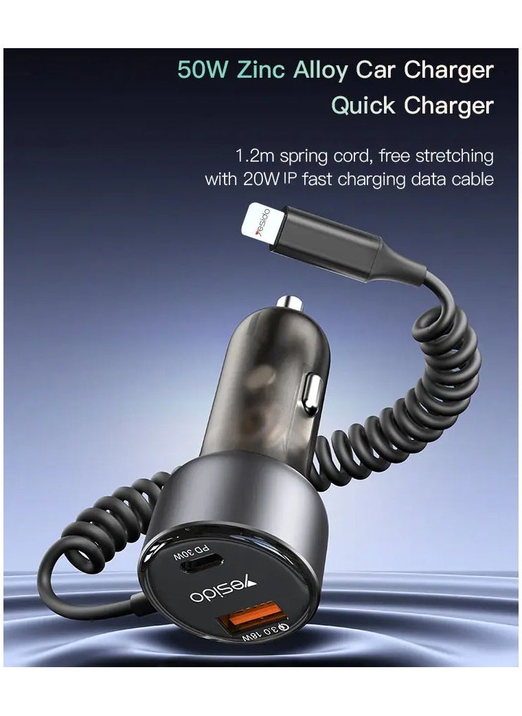 Yesido Y57 50W PD + QC3.0 Dual Port Car Charger with 8 Pin Spring Data Cable