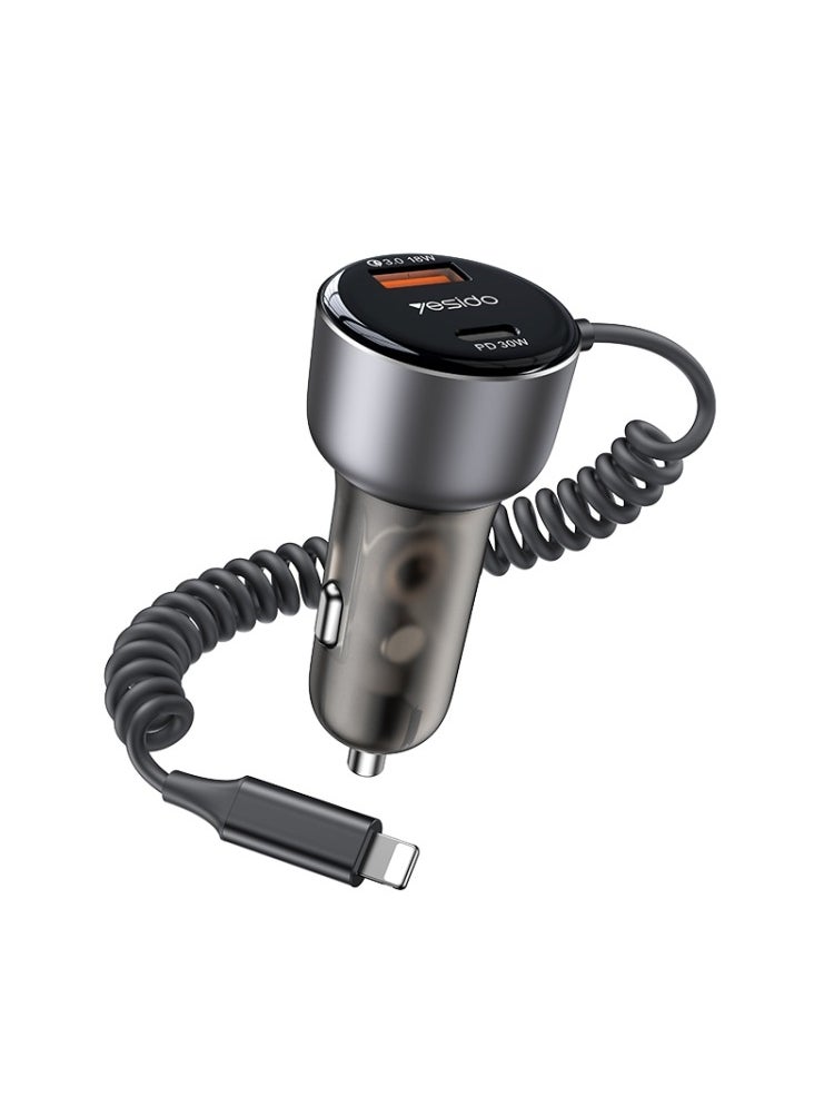 Yesido Y57 50W PD + QC3.0 Dual Port Car Charger with 8 Pin Spring Data Cable