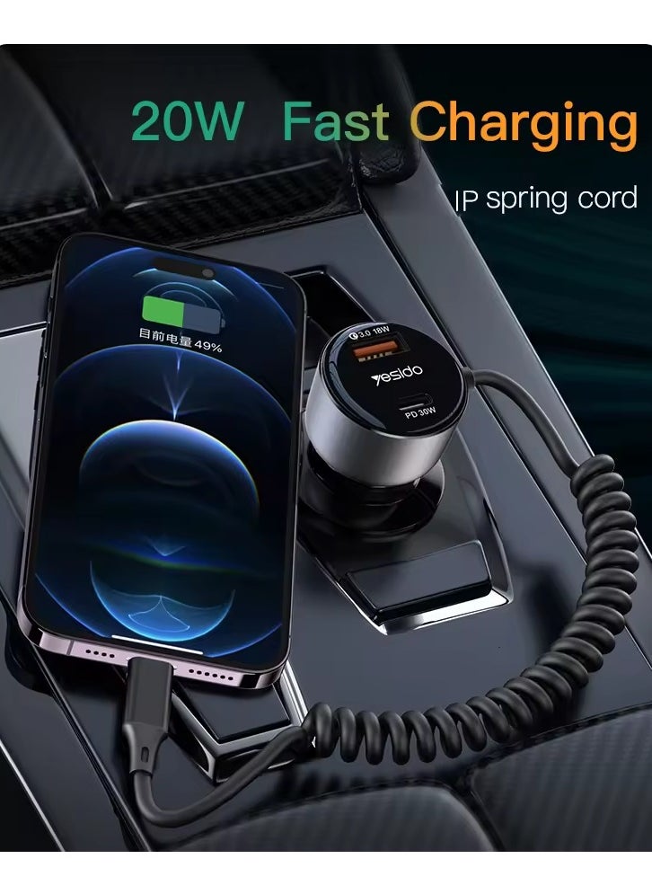 Yesido Y57 50W PD + QC3.0 Dual Port Car Charger with 8 Pin Spring Data Cable