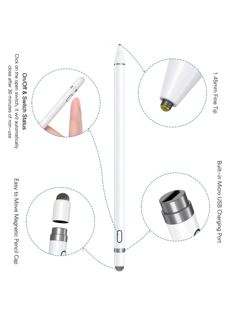 Active Stylus Pen White/Black 1.45mm fine Tip for iPad Apple iPhone Samsung Tablets, on iOS and Android Capacitive Touchscreen, Take-Note Hand-Written Draw no lags Skipping,Rechargeable