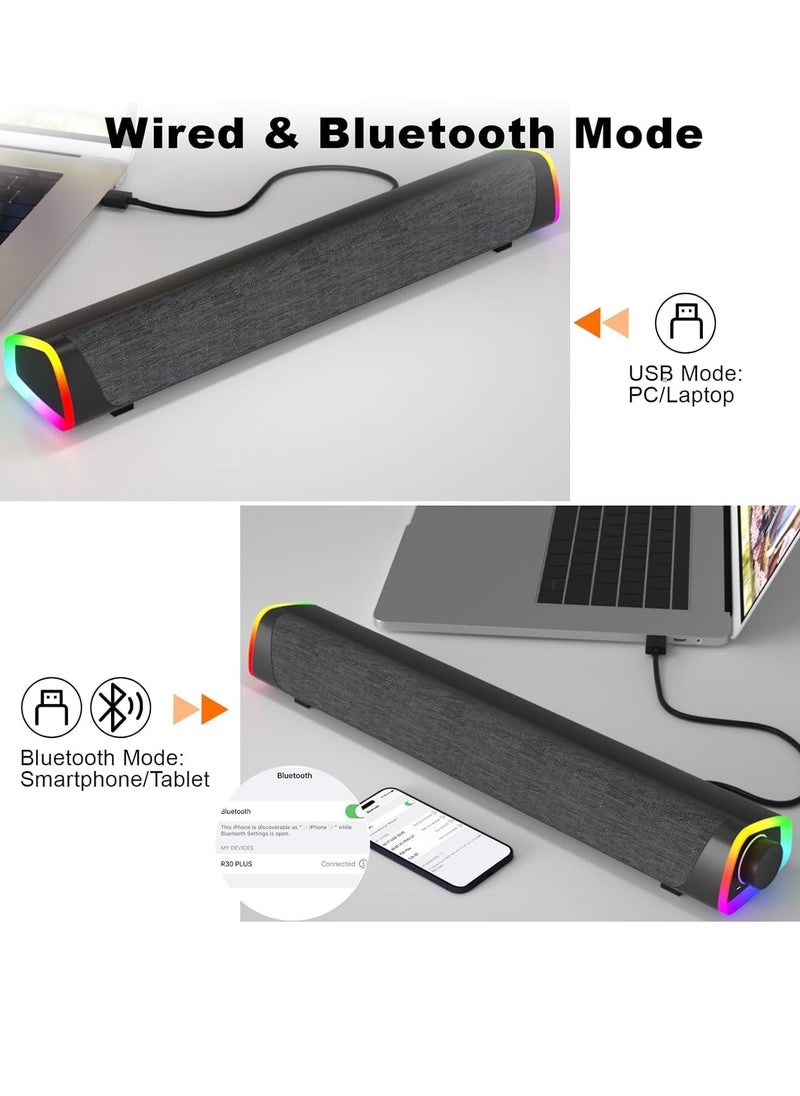 Bluetooth Computer Speakers Sound Bar Wired USB Powered 6 Modes LED RGB Lights with All in One Control Button Surround Sound Portable Sound Bar for PC Desktop Monitor Phone