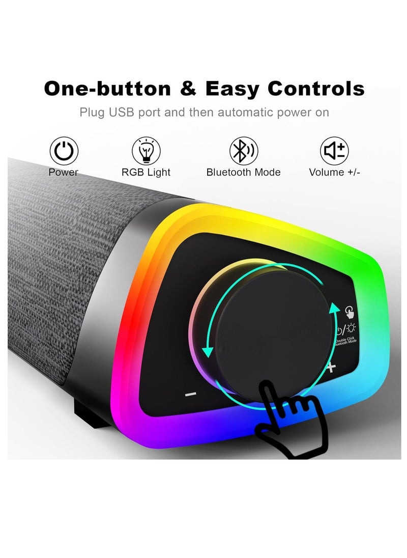 Bluetooth Computer Speakers Sound Bar Wired USB Powered 6 Modes LED RGB Lights with All in One Control Button Surround Sound Portable Sound Bar for PC Desktop Monitor Phone