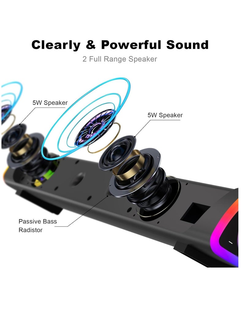 Bluetooth Computer Speakers Sound Bar Wired USB Powered 6 Modes LED RGB Lights with All in One Control Button Surround Sound Portable Sound Bar for PC Desktop Monitor Phone