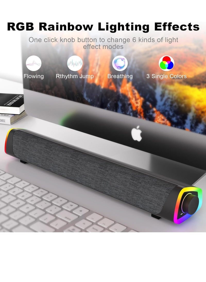 Bluetooth Computer Speakers Sound Bar Wired USB Powered 6 Modes LED RGB Lights with All in One Control Button Surround Sound Portable Sound Bar for PC Desktop Monitor Phone