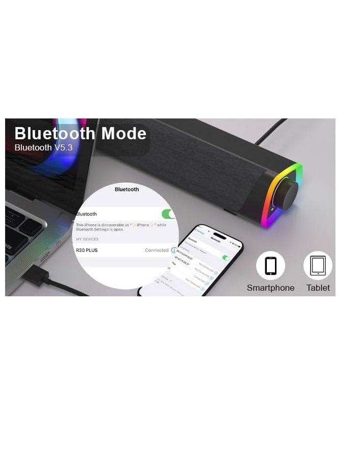 Bluetooth Computer Speakers Sound Bar Wired USB Powered 6 Modes LED RGB Lights with All in One Control Button Surround Sound Portable Sound Bar for PC Desktop Monitor Phone