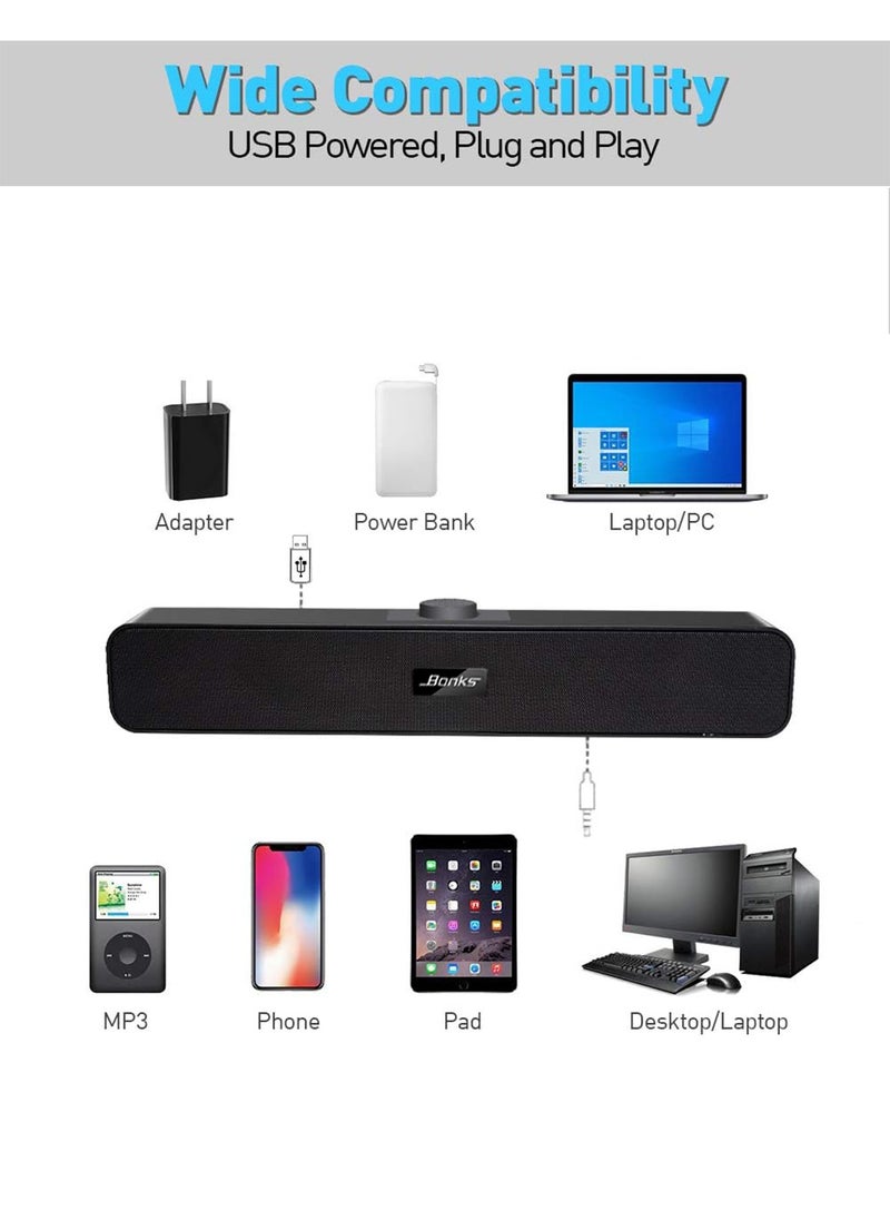（Bluetooth）Computer Speakers with 3.5 mm Aux, Small PC Speakers Powered by USB, Wired USB Desktop Speaker, USB Soundbar for Monitor, Mini Stereo Speaker for PC, Tablets, Laptop, Plug and Play