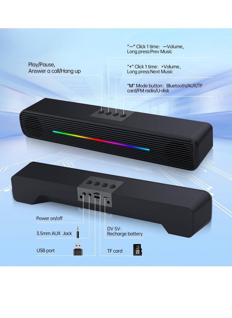 Computer Speakers for PC Desktop Bluetooth 5.0 and 3.5mm Aux in Dynamic RGB Bluetooth Soundbar Portable Dual Speakers Subwoofer Computer SoundBar Speaker for Desktop Laptop Phone Black