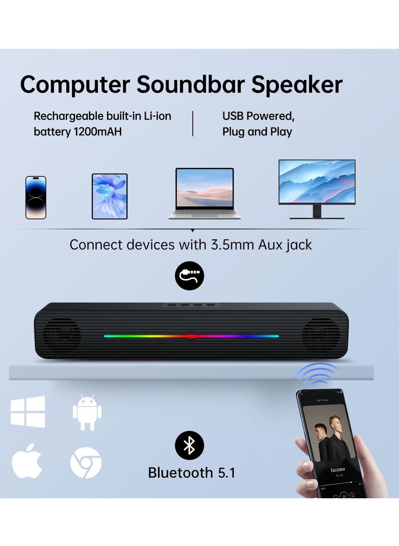 Computer Speakers for PC Desktop Bluetooth 5.0 and 3.5mm Aux in Dynamic RGB Bluetooth Soundbar Portable Dual Speakers Subwoofer Computer SoundBar Speaker for Desktop Laptop Phone Black