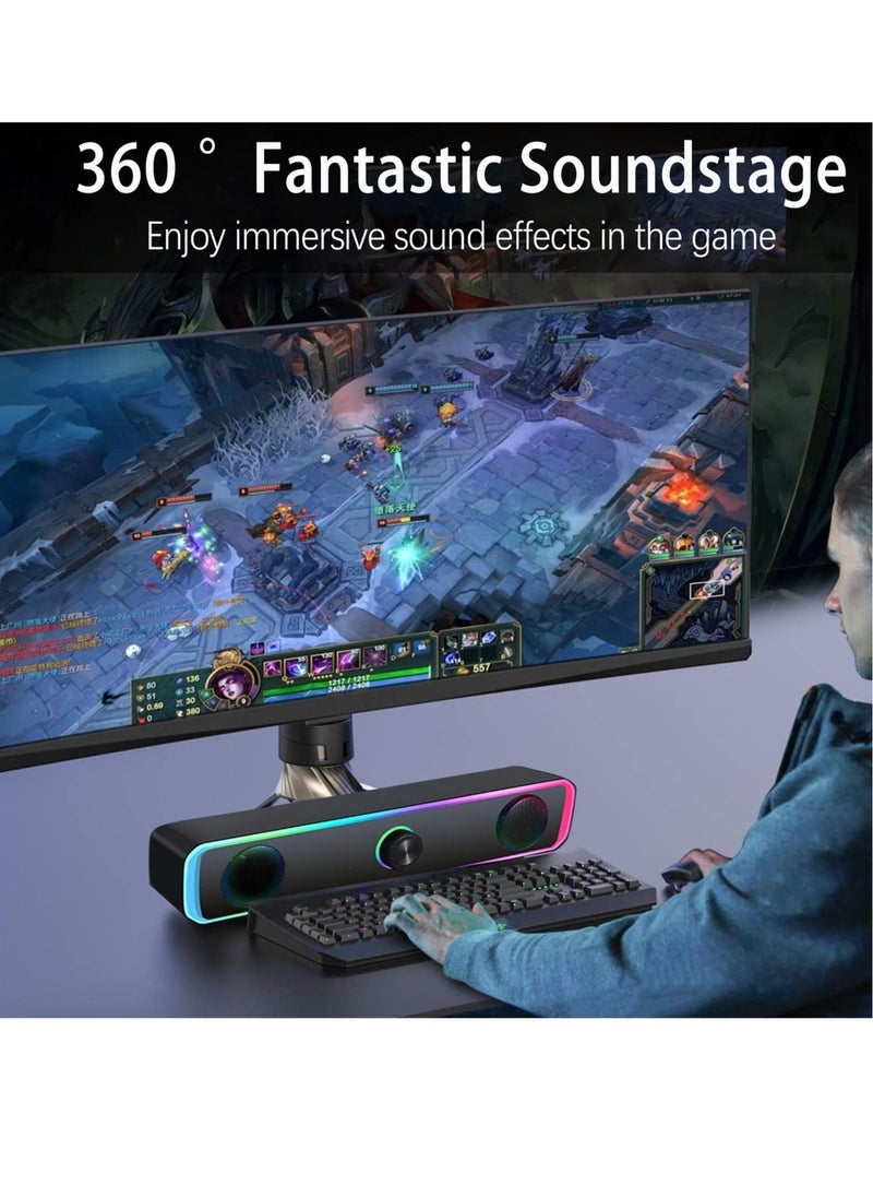 Computer Speakers for PC Desktop Monitor, Bluetooth 5.3, USB Powered Computer Soundbar with LED RGB Light, Knob Volume Control, 3.5mm Aux Input, HiFi Stereo Gaming Speakers for Desktop