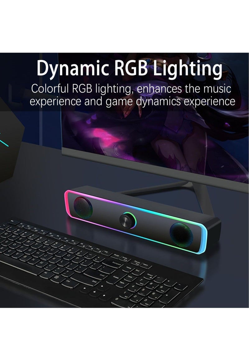 Computer Speakers for PC Desktop Monitor, Bluetooth 5.3, USB Powered Computer Soundbar with LED RGB Light, Knob Volume Control, 3.5mm Aux Input, HiFi Stereo Gaming Speakers for Desktop