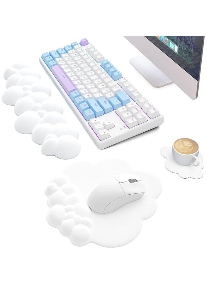 Cloud Mouse Pad Wrist Support Keyboard Wrist Rest Set with Ergonomic Memory Foam,Non-Slip Base,Cloud Coasters for Home,Office,Laptop,Desktop Computer,Easy Typing Pain Relief- White