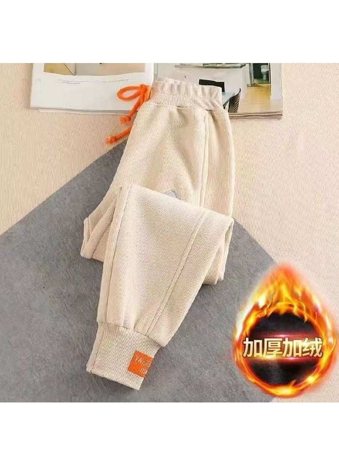 Thickened Fleece Sports Pants Women Autumn Winter Casual Plus Size Apricot fleece-lined