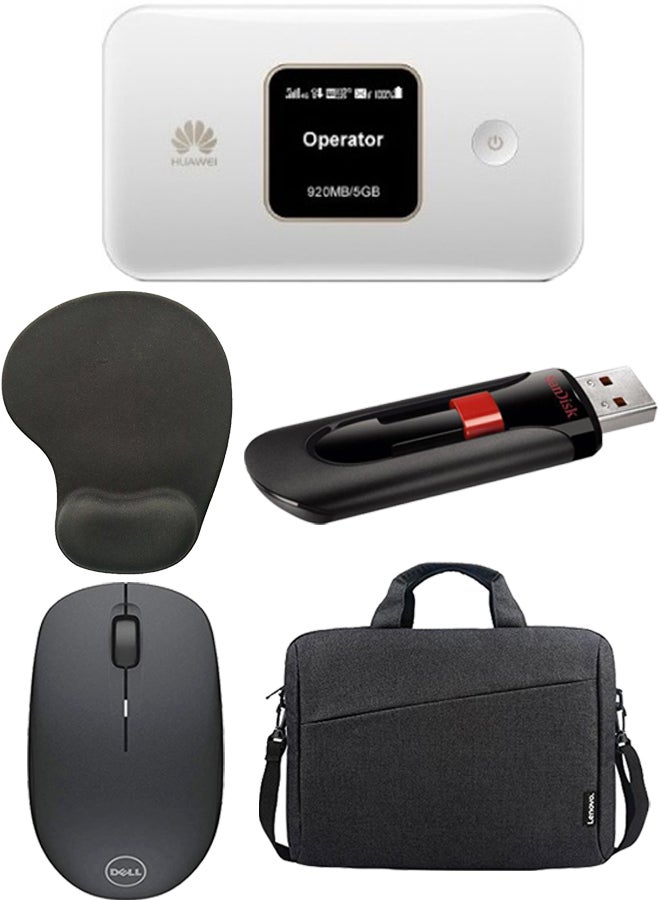 Starter's Tech Essentials Bundle - Huwaei 3000.0 mAh E5785 Mobile WiFi Elite 3 + Dell WM126 Wireless Mouse + Mouse Pad With Wrist Support + Sandisk Cruzer Glide Flash Drive 128 GB + 15.6-Inch Laptop Casual Toploader Laptop Bag Black/White