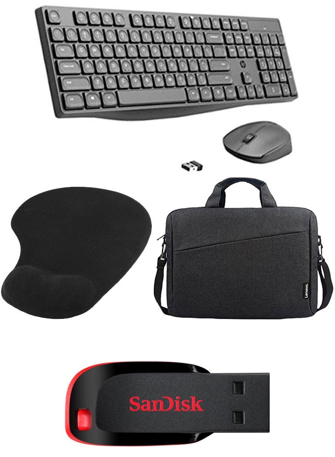 Work From Anywhere Bundle - Sandisk 128 GB Cruzer Blade USB 2.0 Flash Drive + Lenovo 15.6-Inch Laptop Casual Toploader Laptop Bag + hp Wireless Keyboard & Mouse Combo, Ergonomic Design and Silent Typing Keys + Gel Mousepad With In-Build Wrist Rest Pad 128 GB
