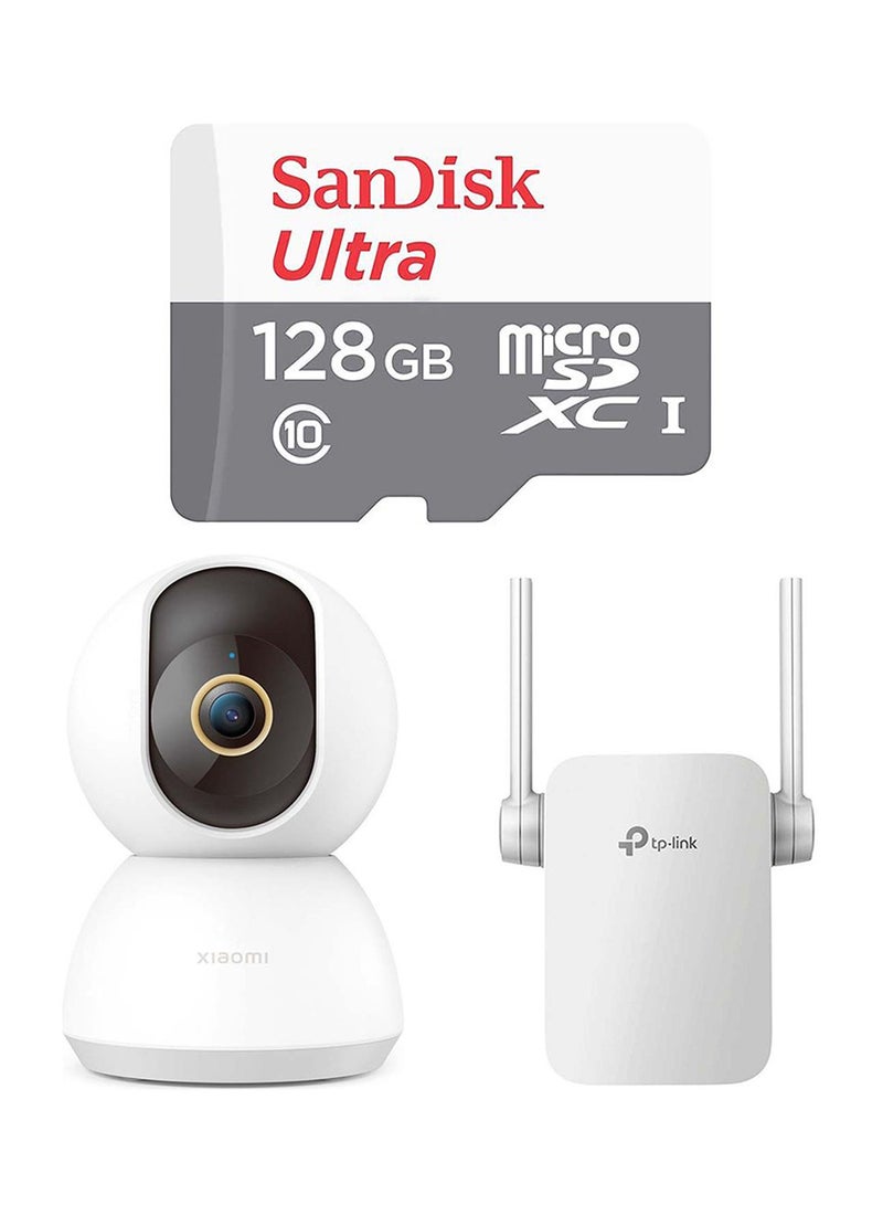 Surveillance Essential Bundle - Sandisk 128GB Ultra MicroSDXC UHS-1 Memory Card + Tp Link Wi-Fi Range Extender +Xiaomi Smart Camera C300 New Version 128 GB