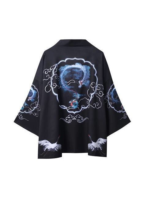 Summer Japanese Ukiyo-e Dragon Robe Kimono Cape 3302 White