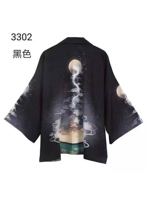 Summer Japanese Ukiyo-e Dragon Robe Kimono Cape 3302 Black