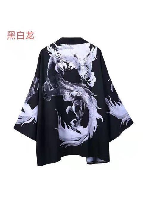 Summer Japanese Ukiyo-e Dragon Robe Kimono Cape 3302 Black