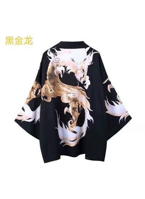 Summer Japanese Ukiyo-e Dragon Robe Kimono Cape Black Golden Dragon