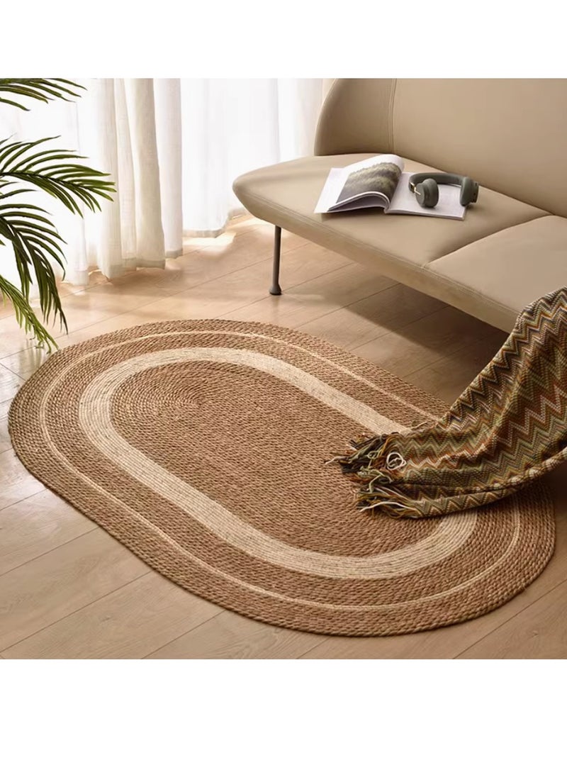 Handwoven Oval Jute Area Rug - Eco-Friendly Natural Fiber Carpet with Rustic Beige & Brown Stripes, Perfect for Living Room, Bedroom, or Entryway