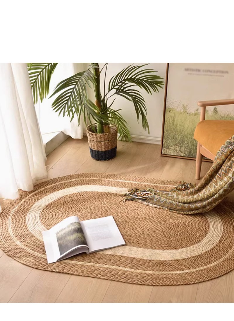 Handwoven Oval Jute Area Rug - Eco-Friendly Natural Fiber Carpet with Rustic Beige & Brown Stripes, Perfect for Living Room, Bedroom, or Entryway