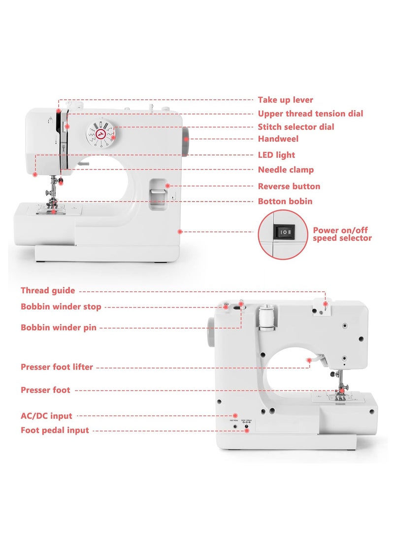 Sewing Machine, Mini Sewing Machine, Electric Portable Sewing Machine for Beginners, 12 Stitch Dual Speed with Foot Pedal