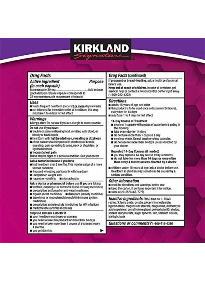 Kirkland Signature Esomeprazole Magnesium Acid Reducer 42 Capsules 20mg Delayed Release