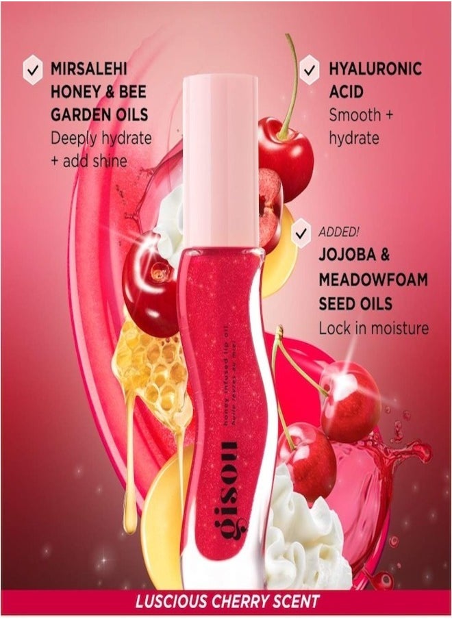 Gisou Honey Infused Hydrating Lip Oil Cherry On The Cake | Sheer Pinky Red Shimmer, Nourishing & Moisturizing - 0.27 oz / 8ml