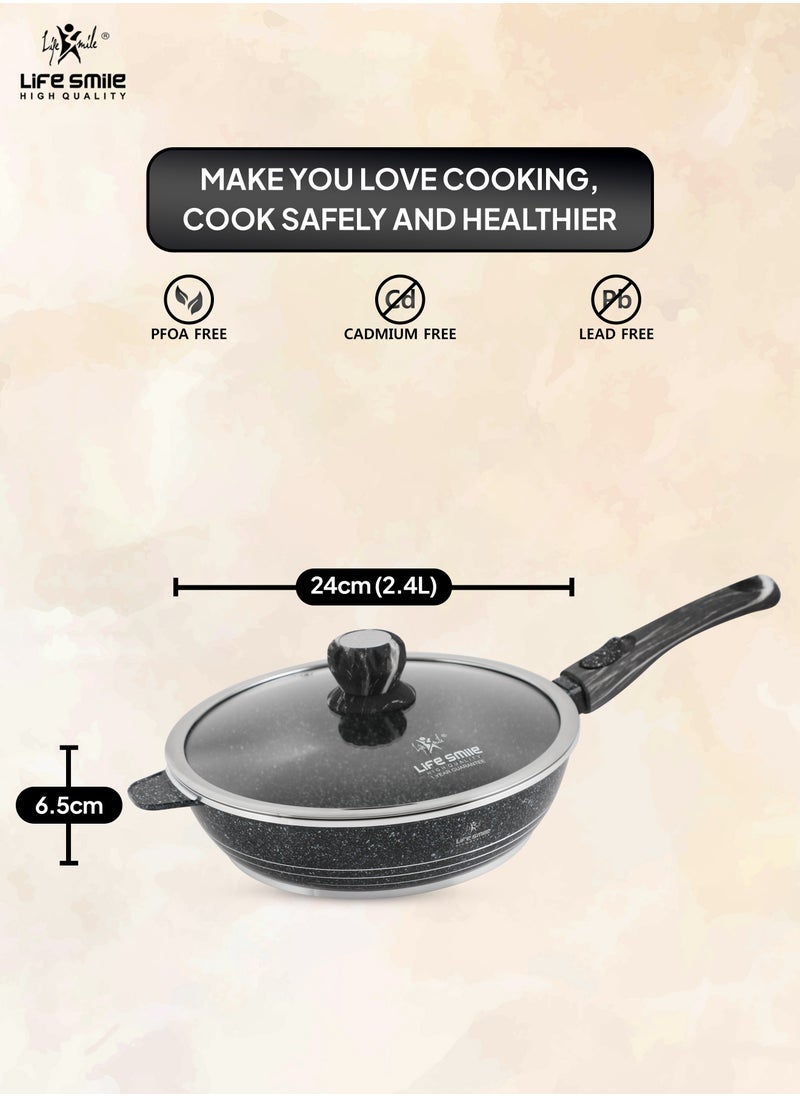 LIFE SMILE Deep Frying Pan With Lid - Multi Layer Granite Coating Non Stick Saute Pan |Detachable Stay Cool Handle With Hanging Loop | Oven Safe (Black,Detachable Handle, 24 CM(2.4 Liters))