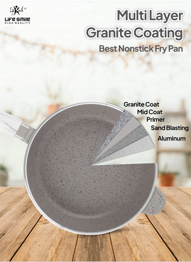 LIFE SMILE Deep Frying Pan With Lid - Multi Layer Granite Coating Non Stick Saute Pan | Stay Cool Handle With Hanging Loop | Oven Safe (Grey,Flame,Detachable Handle, 28 CM(3.6 Liters))