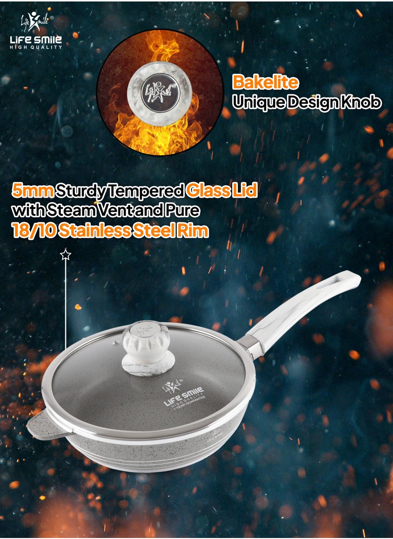 LIFE SMILE Deep Frying Pan 28cm (3.6 Liters) With Lid - Multi Layer Granite Coating Non Stick Saute Pan | Stay Cool Handle With Hanging Loop | Oven Safe (Gray)