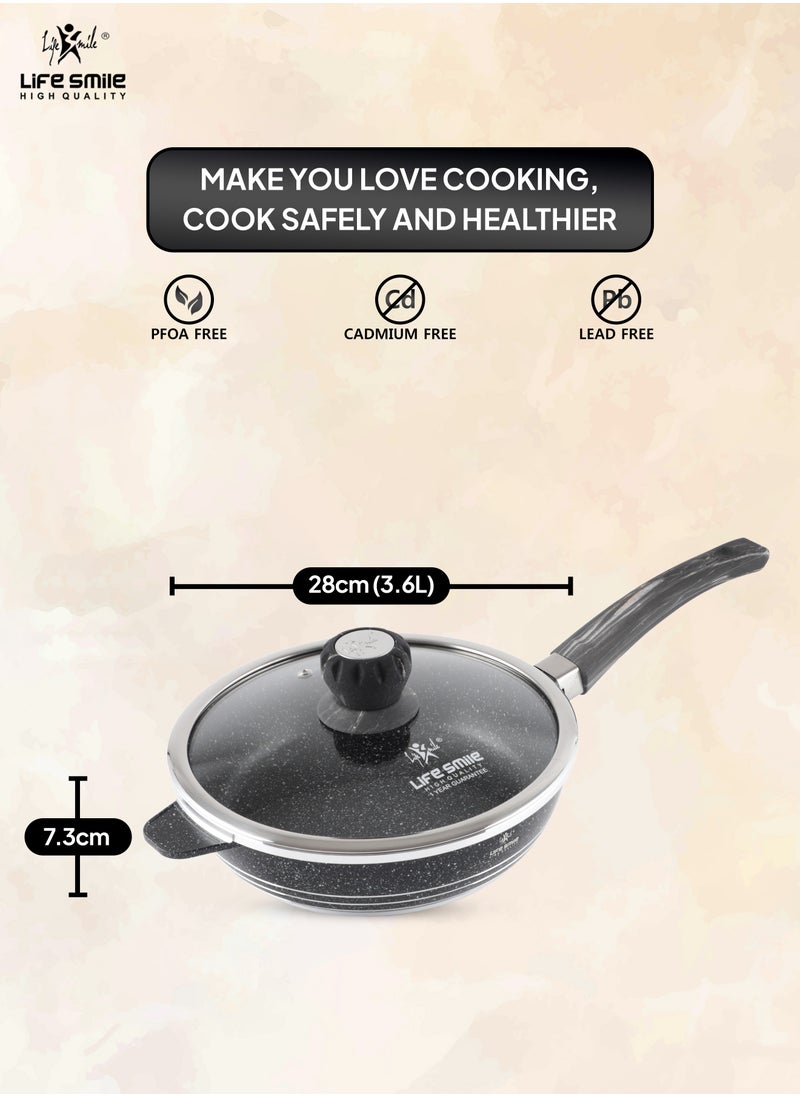 LIFE SMILE Deep Frying Pan 24cm (2.4 Liters) With Lid - Multi Layer Granite Coating Non Stick Saute Pan | Stay Cool Handle With Hanging Loop | Oven Safe (Black)