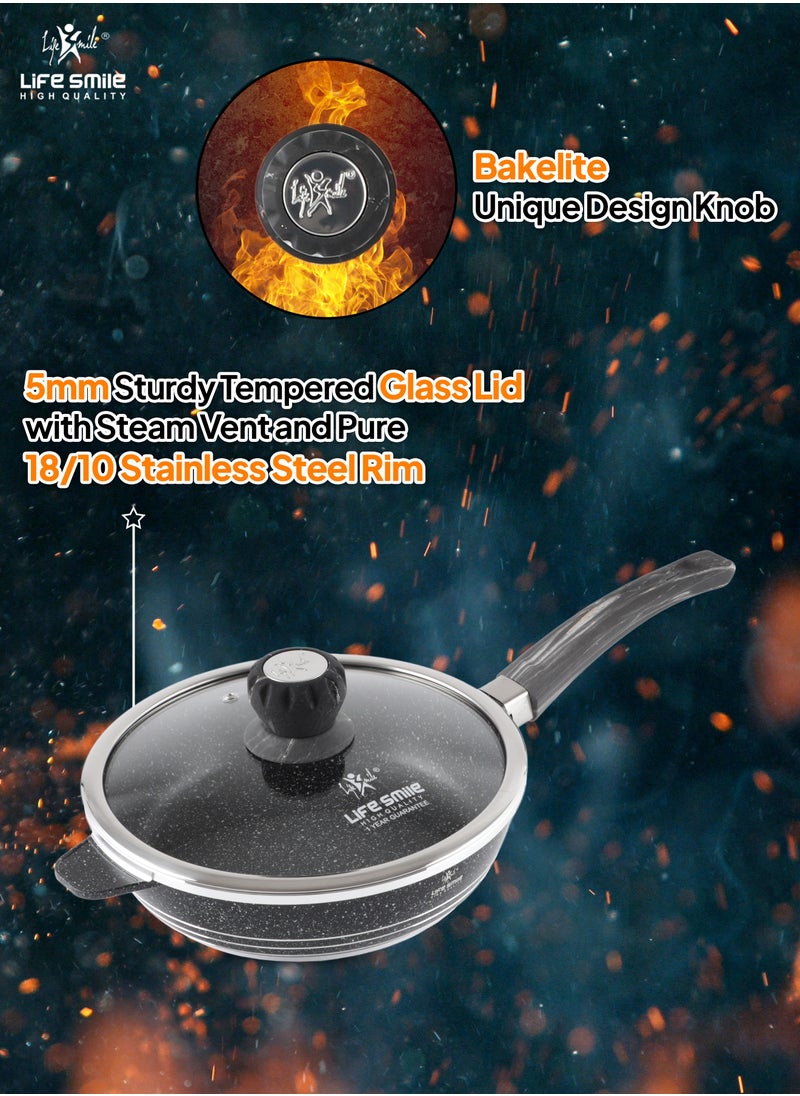 LIFE SMILE Deep Frying Pan 24cm (2.4 Liters) With Lid - Multi Layer Granite Coating Non Stick Saute Pan | Stay Cool Handle With Hanging Loop | Oven Safe (Black)