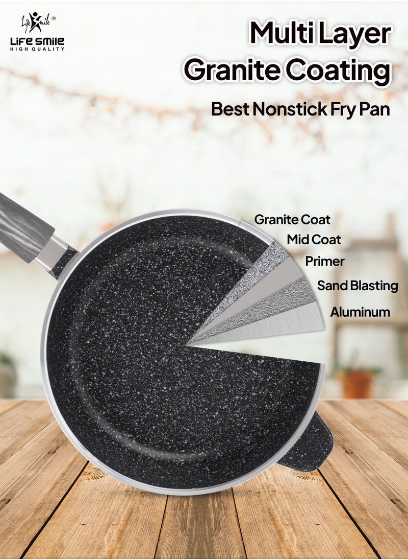 LIFE SMILE Deep Frying Pan 24cm (2.4 Liters) With Lid - Multi Layer Granite Coating Non Stick Saute Pan | Stay Cool Handle With Hanging Loop | Oven Safe (Black)