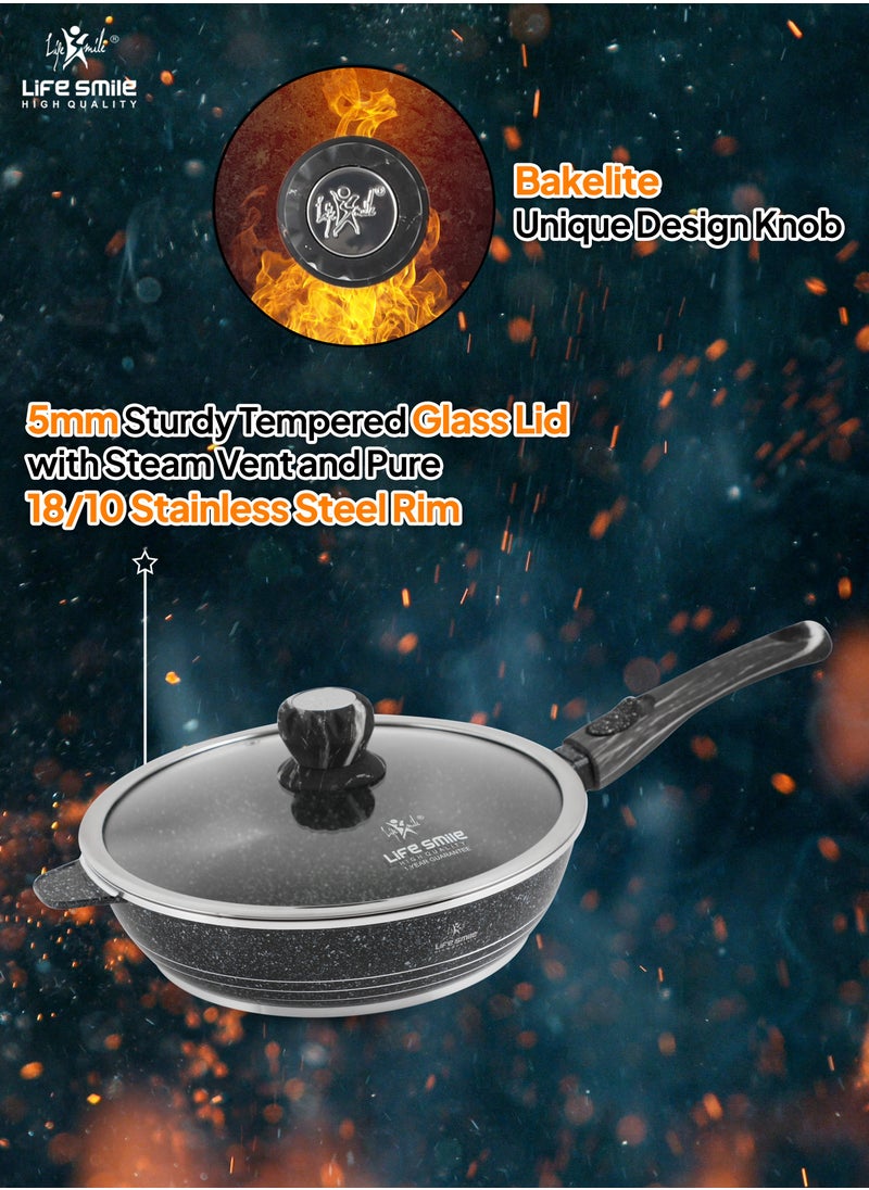 LIFE SMILE Deep Frying Pan With Lid - Multi Layer Granite Coating Non Stick Saute Pan | Stay Cool Handle With Hanging Loop | Oven Safe (Black,Detachable Handle, 28 CM(3.6 Liters))