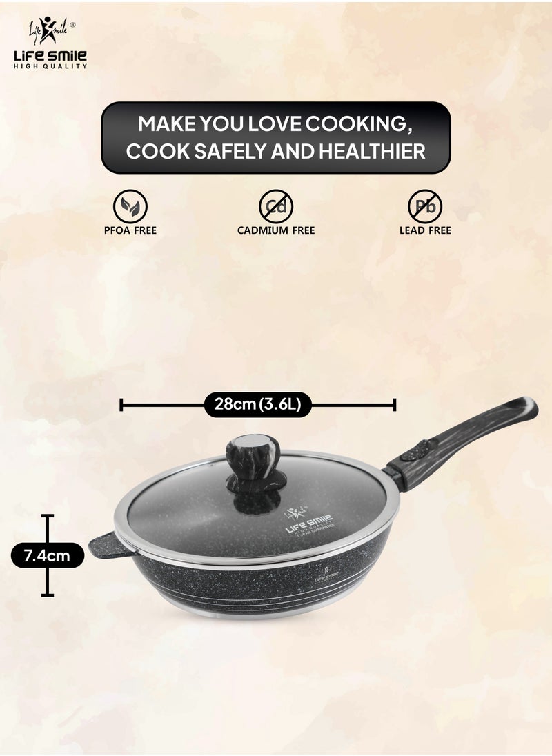 LIFE SMILE Deep Frying Pan With Lid - Multi Layer Granite Coating Non Stick Saute Pan | Stay Cool Handle With Hanging Loop | Oven Safe (Black,Detachable Handle, 28 CM(3.6 Liters))