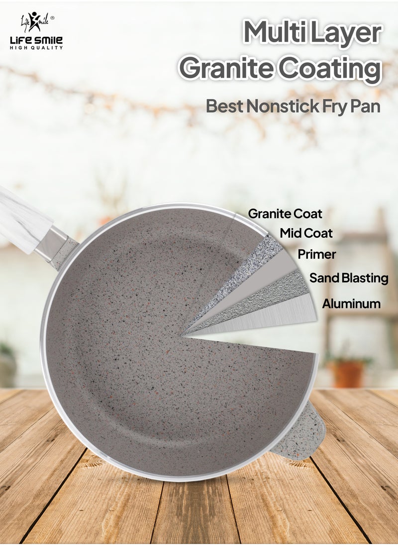 LIFE SMILE Deep Frying Pan 28cm (3.6 Liters) With Lid - Multi Layer Granite Coating Non Stick Saute Pan | Stay Cool Handle With Hanging Loop | Oven Safe (Gray)