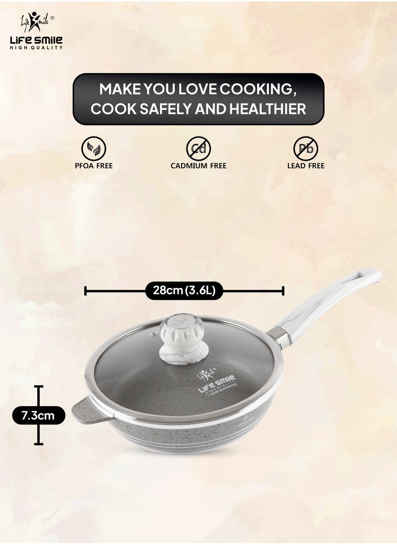 LIFE SMILE Deep Frying Pan 28cm (3.6 Liters) With Lid - Multi Layer Granite Coating Non Stick Saute Pan | Stay Cool Handle With Hanging Loop | Oven Safe (Gray)