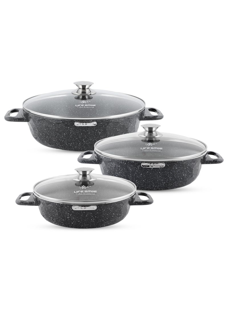 LIFE SMILE Shallow Pots Set with Lid | 100% PFOA FREE | Non Stick Granite Coating Frying Pans set | Oven Safe | Double Handle (Black (Induction Base), 24/28/32 CM)