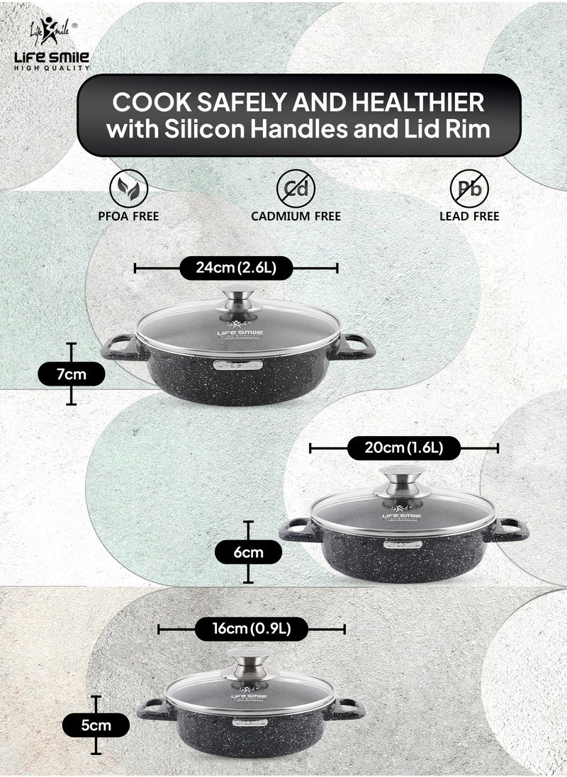 LIFE SMILE Shallow Pots Set with Lid | 100% PFOA FREE | Non Stick Granite Coating Frying Pans set | Oven Safe | Double Handle (Black (Induction Base), 16/20/24 CM)