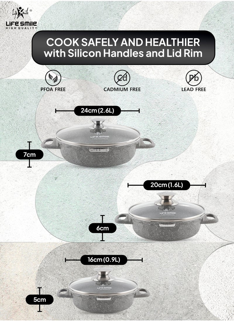 LIFE SMILE Shallow Pots Set with Lid | 100% PFOA FREE | Non Stick Granite Coating Frying Pans set | Oven Safe | Double Handle (Grey (Induction Base), 16/20/24 CM)