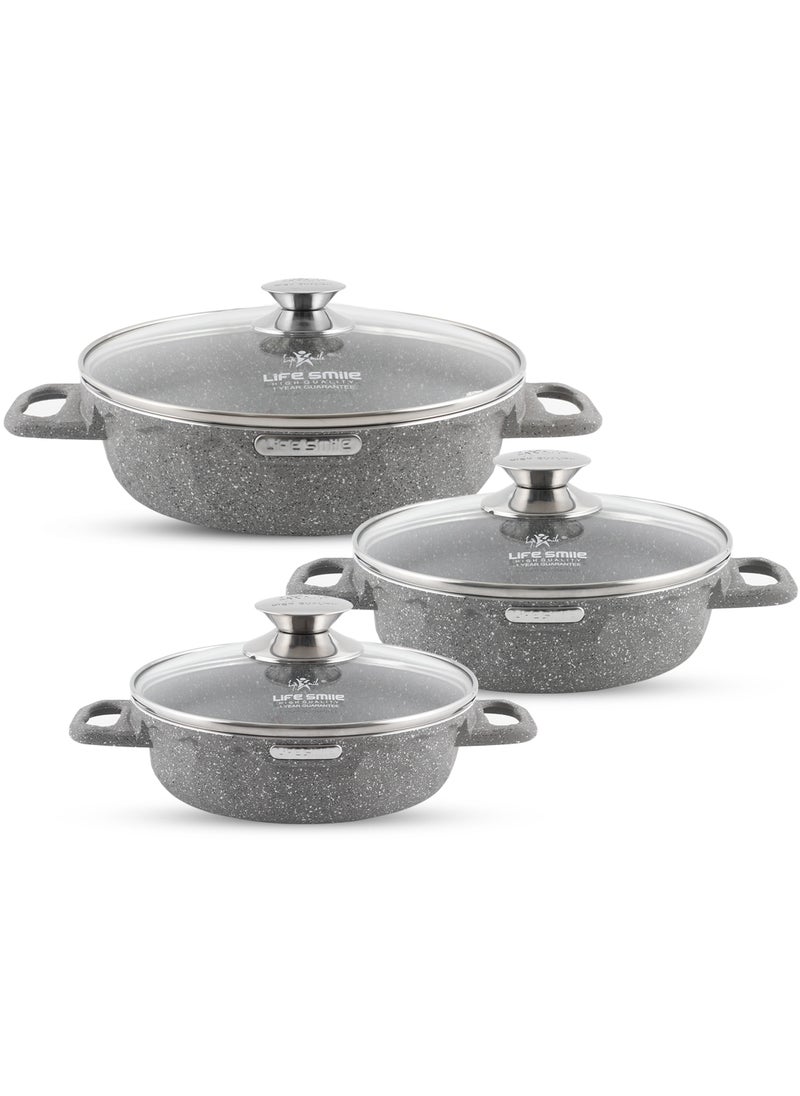 LIFE SMILE Shallow Pots Set with Lid | 100% PFOA FREE | Non Stick Granite Coating Frying Pans set | Oven Safe | Double Handle (Grey (Induction Base), 16/20/24 CM)