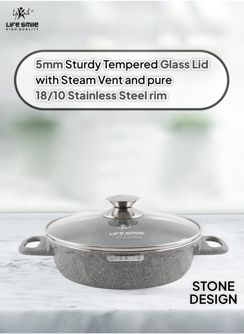 LIFE SMILE Shallow Pots Set with Lid | 100% PFOA FREE | Non Stick Granite Coating Frying Pans set | Oven Safe | Double Handle (Grey (Induction Base), 16/20/24 CM)