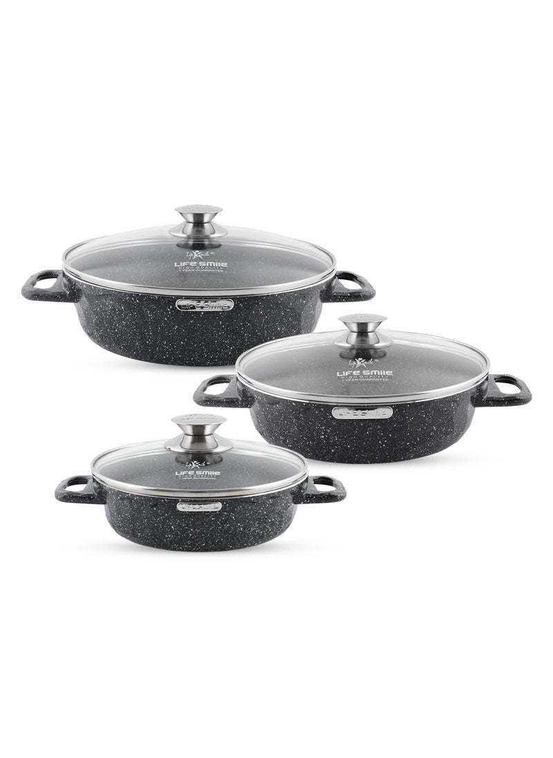 LIFE SMILE Shallow Pots Set with Lid | 100% PFOA FREE | Non Stick Granite Coating Frying Pans set | Oven Safe | Double Handle (Black (Induction Base), 20/24/28 CM)