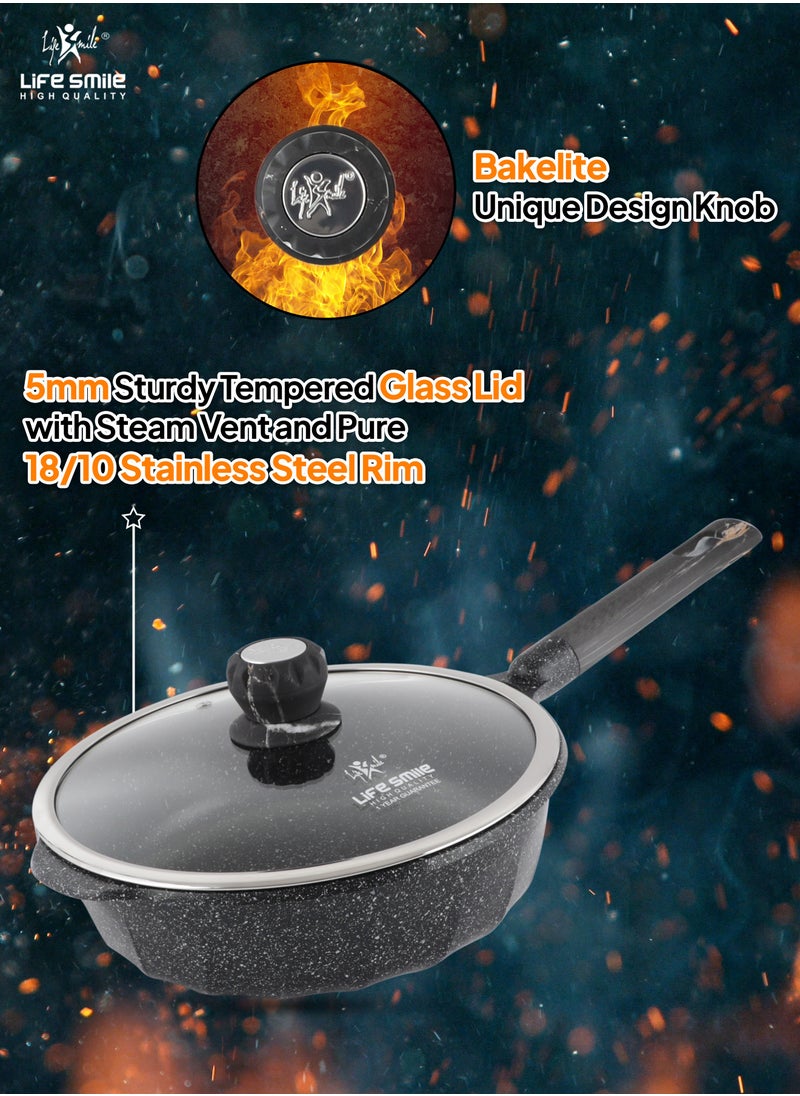 LIFE SMILE Deep Frying Pan With Lid - Multi Layer Granite Coating Non Stick Saute Pan | Stay Cool Handle With Hanging Loop | Oven Safe (Black, 28 CM(4.2 Liter,Induction))