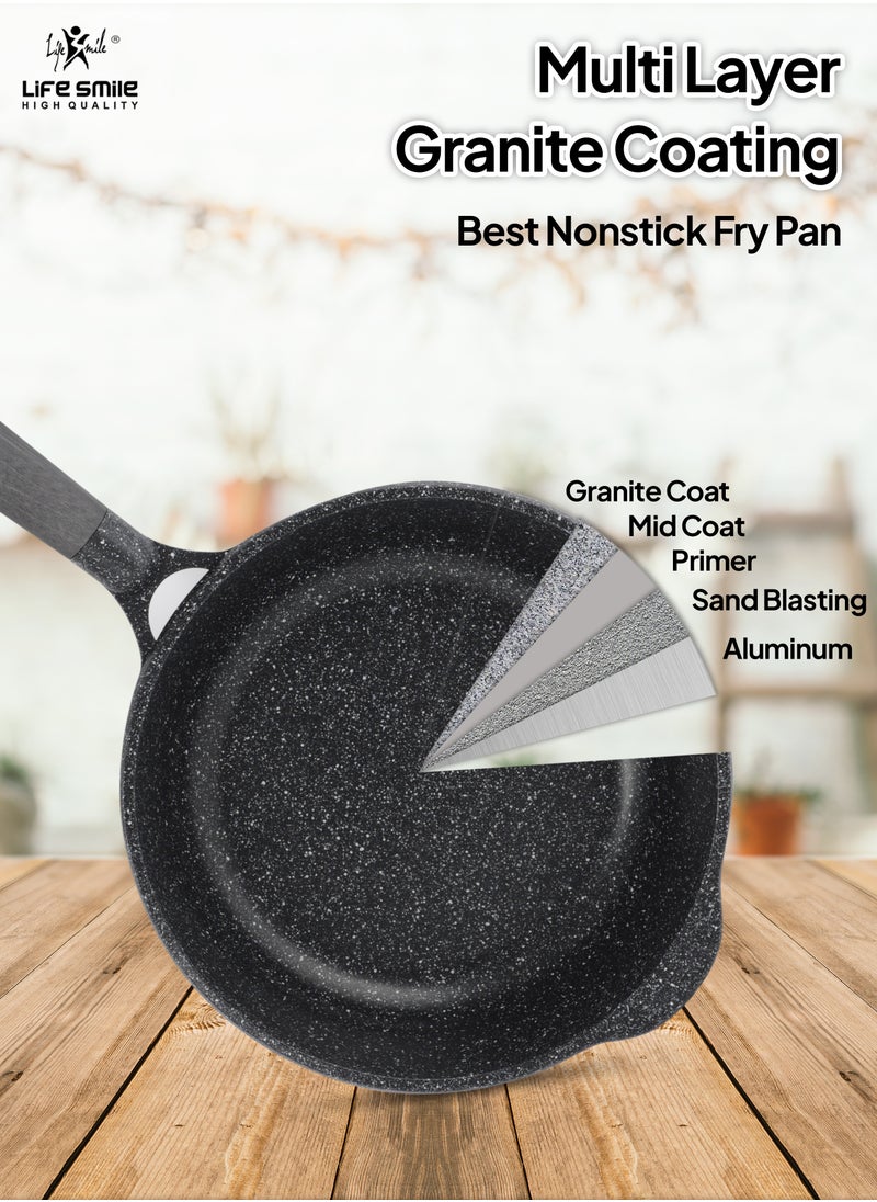 LIFE SMILE Deep Frying Pan With Lid - Multi Layer Granite Coating Non Stick Saute Pan | Stay Cool Handle With Hanging Loop | Oven Safe (Black, 28 CM(4.2 Liter,Induction))