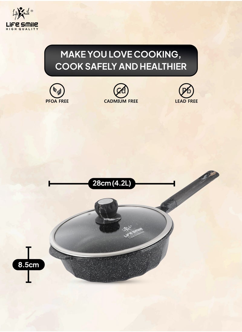 LIFE SMILE Deep Frying Pan With Lid - Multi Layer Granite Coating Non Stick Saute Pan | Stay Cool Handle With Hanging Loop | Oven Safe (Black, 28 CM(4.2 Liter,Induction))