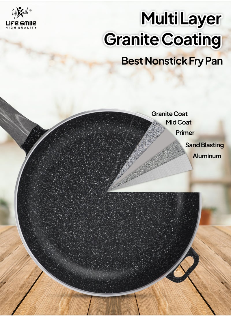 LIFE SMILE Frying Pan Big Size With Lid - Multi Layer Granite Coating Fry Pan | 100% PFOA FREE | Heat-Resistant Handle Hanging Loop | Induction Base (Dark Black, 32 CM (4 Liters))