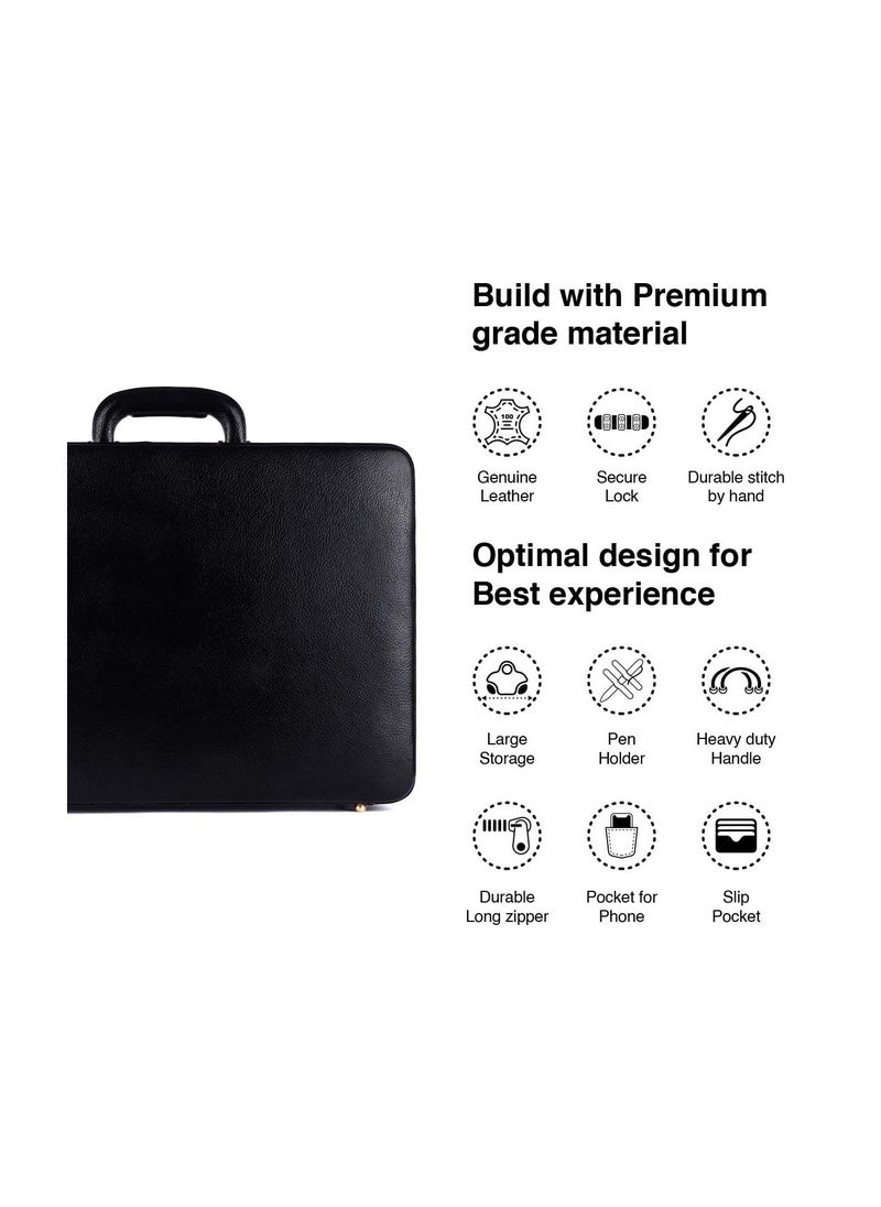 HAMMONDS FLYCATCHER Expandable Briefcase for Men - Genuine Leather Attachi Suitcase with Combination Lock - Office and Business Hand Bag - Executive Laptop Briefcase - Black, 43 x 10.5 x 32cm